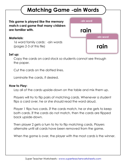Word Games - Memory Match Game (-ain) (Printable PDF Worksheet)
