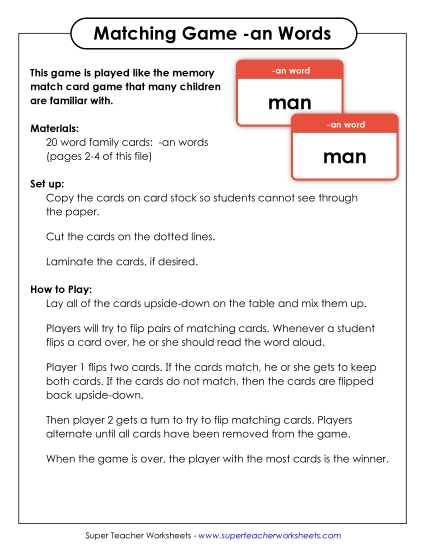 Word Games - Memory Match Game (-an) (Printable PDF Worksheet)