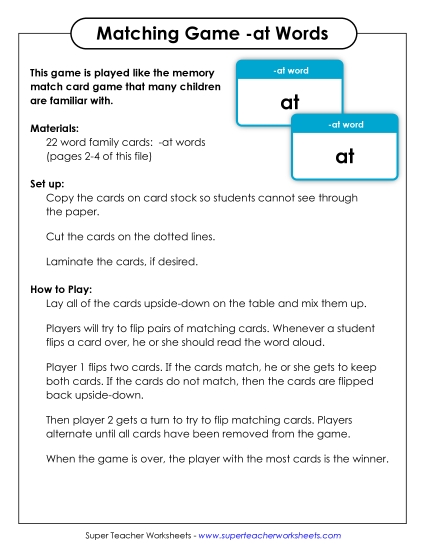 Word Games - Memory Match Game (-at) (Printable PDF Worksheet)