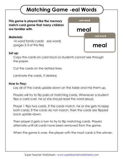 Word Games - Memory Match Game (-eal) (Printable PDF Worksheet)