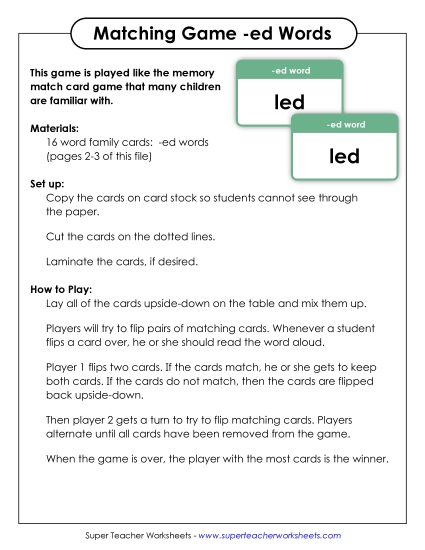 Word Games - Memory Match Game (-ed) (Printable PDF Worksheet)