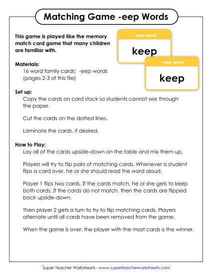 Word Games - Memory Match Game (-eep) (Printable PDF Worksheet)
