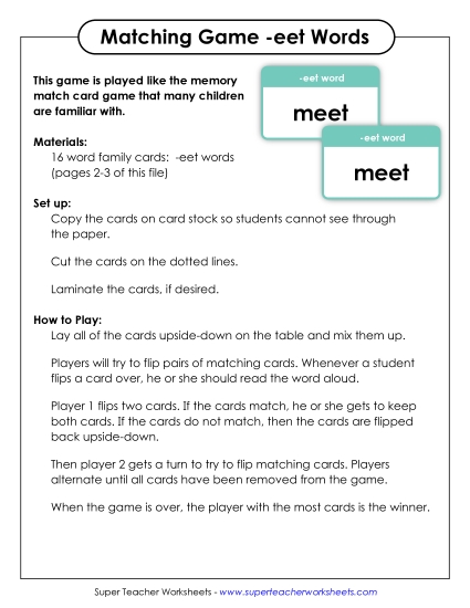 Word Games - Memory Match Game (-eet) (Printable PDF Worksheet)