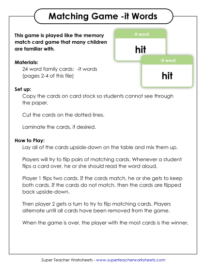 Word Games - Memory Match Game (-it) (Printable PDF Worksheet)