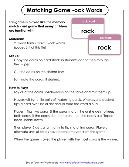 Word Games - Memory Match Game (-ock) (Printable PDF Worksheet)
