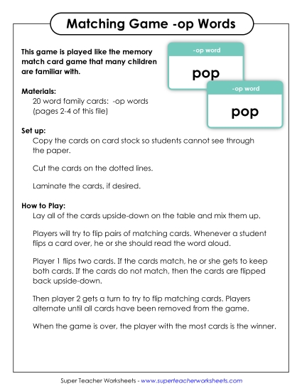 Word Games - Memory Match Game (-op) (Printable PDF Worksheet)