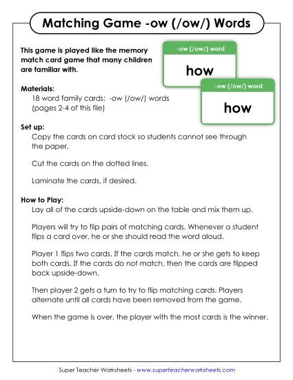 Word Games /ow/ Sound (as in Cow) - Memory Match Game (-ow) (Printable PDF Worksheet)