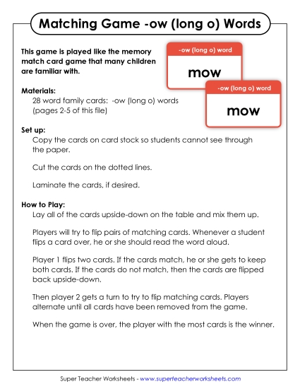 Word Games Long-O Sound (as in Glow) - Memory Matching Game (-ow) (Printable PDF Worksheet)