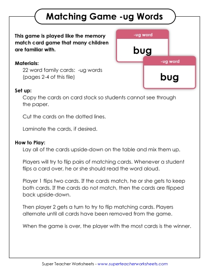 Word Games - Memory Matching Game (-ug) (Printable PDF Worksheet)