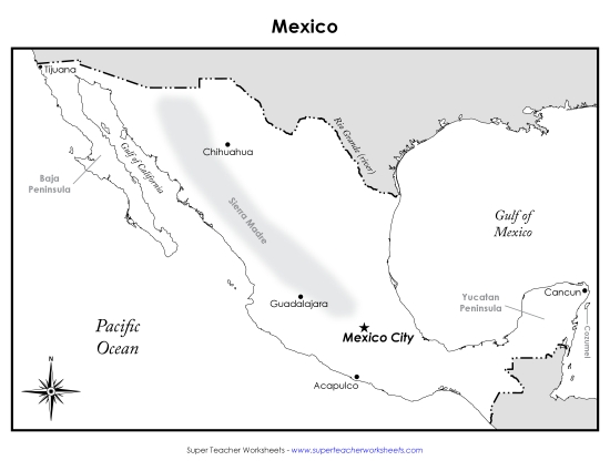 Maps of Mexico - Mexico Map (Labeled; English) (Printable PDF Worksheet)