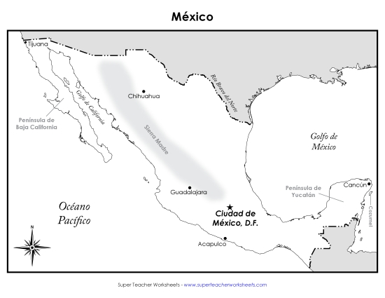 Maps of Mexico - Mexico Map (Labeled; Spanish) (Printable PDF Worksheet)