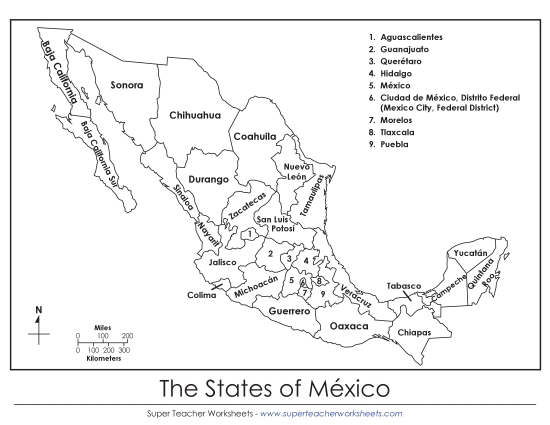 Maps of Mexico - Mexico States (Labeled; English) (Printable PDF Worksheet)