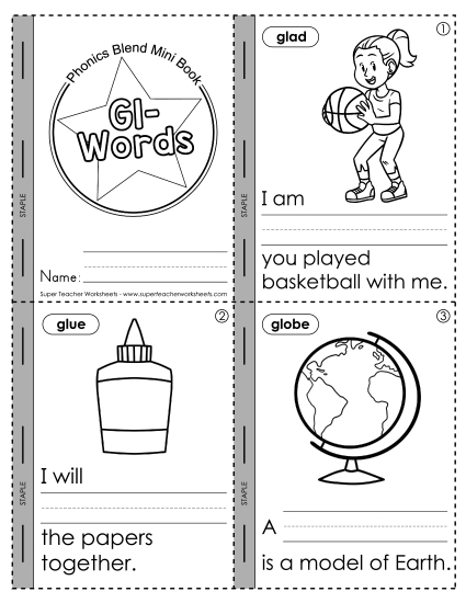 Cut and Glue Activities - Mini-Book: Gl- Words (Printable PDF Worksheet)