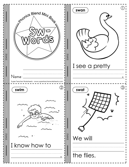Cut and Glue Activities - Mini-Book: Sw- Words (Printable PDF Worksheet)