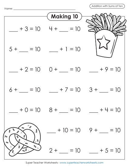 Missing Addend Drills - Missing Addend Drill: Snacks (Printable PDF Worksheet)