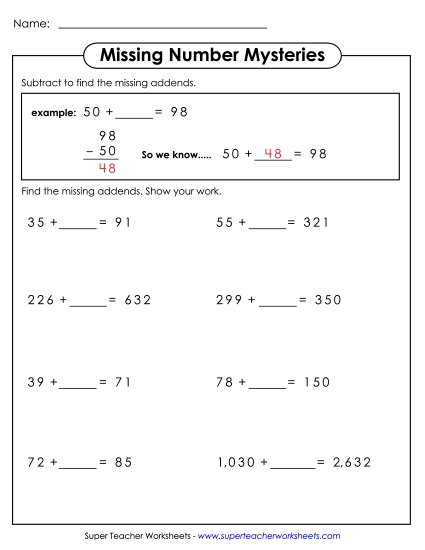 3-Digit Subtraction Worksheets - Missing Addends (Printable PDF Worksheet)
