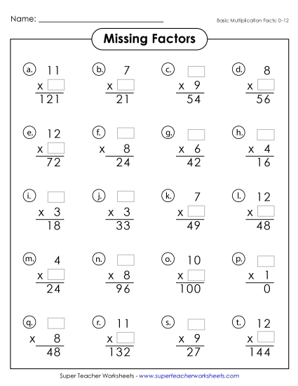 Worksheets, Games, & Task Cards - Missing Factors (0-12) (Printable PDF Worksheet)