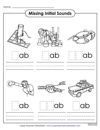 Worksheets - Missing Initial Sounds (-ab) (Printable PDF Worksheet)