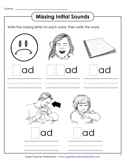 Worksheets - Missing Initial Sounds (-ad) (Printable PDF Worksheet)