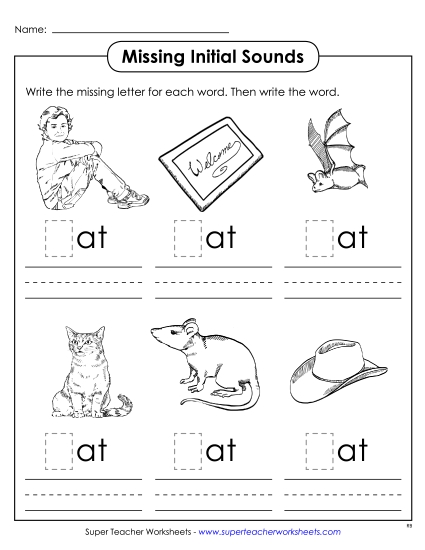 Worksheets - Missing Initial Sounds (-at) (Printable PDF Worksheet)