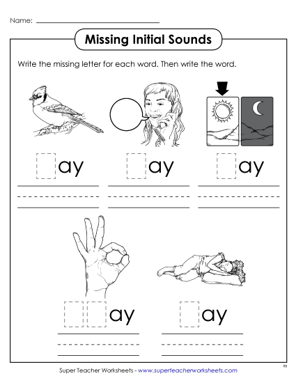 Worksheets - Missing Initial Sounds (-ay) (Printable PDF Worksheet)