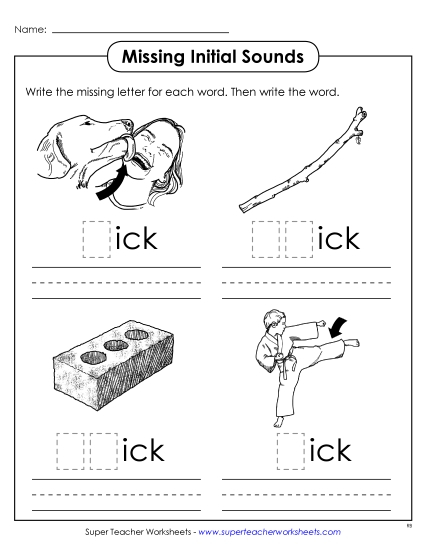 Worksheets - Missing Initial Sounds (-ick) (Printable PDF Worksheet)