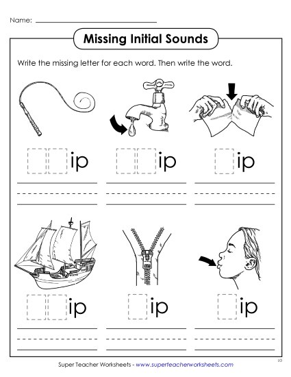Worksheets - Missing Initial Sounds (-ip) (Printable PDF Worksheet)