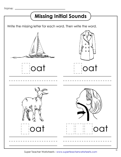 Worksheets - Missing Initial Sounds (-oat) (Printable PDF Worksheet)