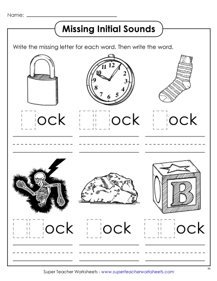 Worksheets - Missing Initial Sounds (-ock) (Printable PDF Worksheet)