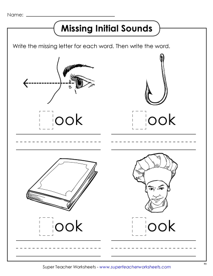 Worksheets - Missing Initial Sounds (-ook) (Printable PDF Worksheet)