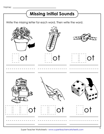 Worksheets - Missing Initial Sounds (-ot) (Printable PDF Worksheet)