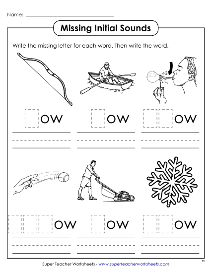 Long-O Sound (as in Grow) - Missing Initial Sounds (-ow) (Printable PDF Worksheet)