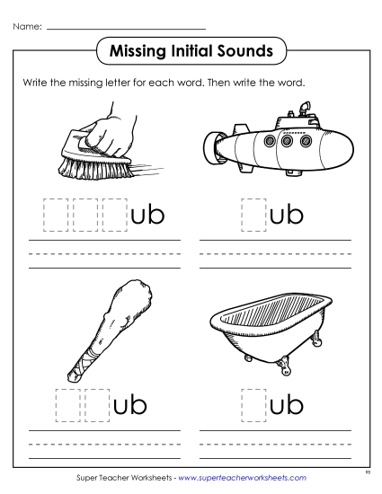 Worksheets - Missing Initial Sounds (-ub) (Printable PDF Worksheet)