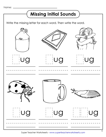 Worksheets - Missing Initial Sounds (-ug) (Printable PDF Worksheet)