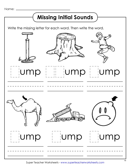 Worksheets - Missing Initial Sounds (-ump) (Printable PDF Worksheet)