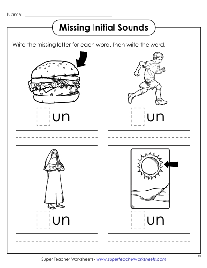 Worksheets - Missing Initial Sounds (-un) (Printable PDF Worksheet)