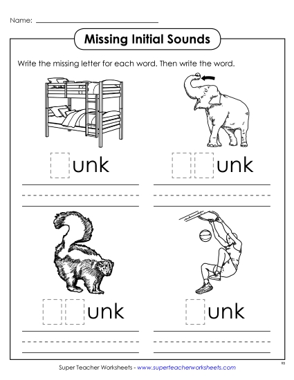 Worksheets - Missing Initial Sounds (-unk) (Printable PDF Worksheet)