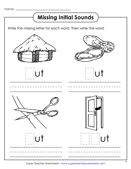 Worksheets - Missing Initial Sounds (-ut) (Printable PDF Worksheet)