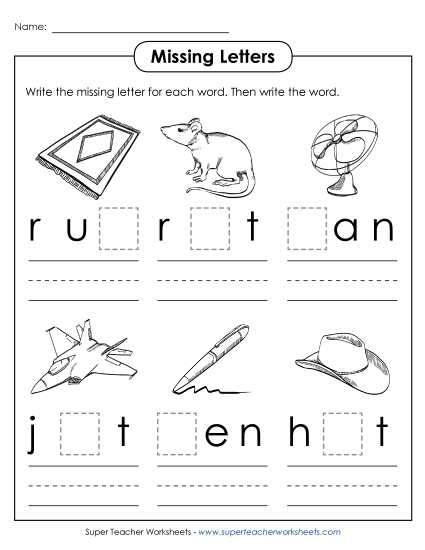 Missing Letters - Missing Letters 1 (CVC Words) (Printable PDF Worksheet)