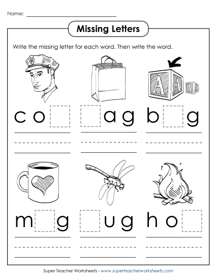 Missing Letters - Missing Letters 3 (CVC Words) (Printable PDF Worksheet)