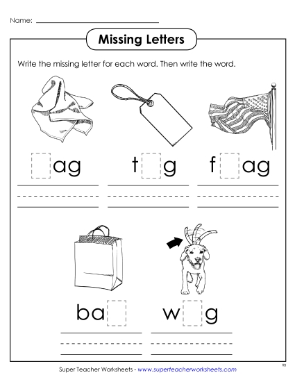 Worksheets - Missing Letters (-ag) (Printable PDF Worksheet)