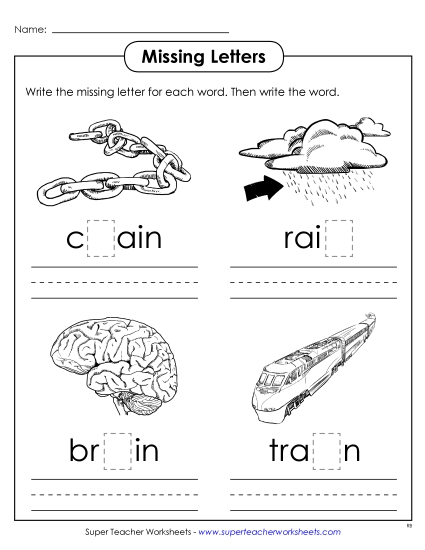 Worksheets - Missing Letters (-ain) (Printable PDF Worksheet)