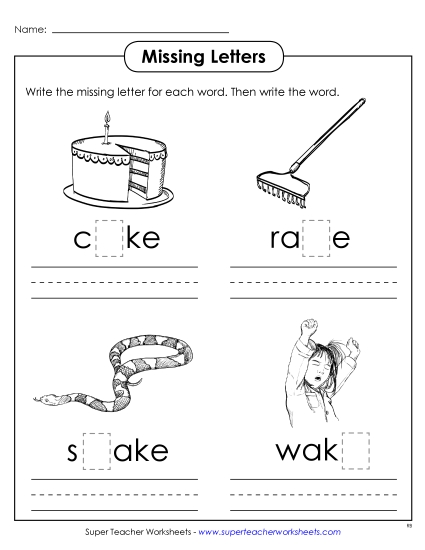 Worksheets - Missing Letters (-ake) (Printable PDF Worksheet)