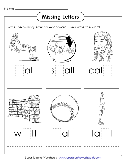 Worksheets - Missing Letters (-all) (Printable PDF Worksheet)