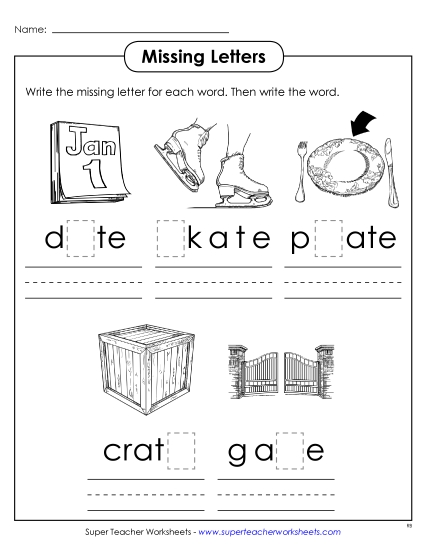 Worksheets - Missing Letters (-ate) (Printable PDF Worksheet)