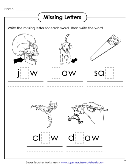 Worksheets - Missing Letters (-aw) (Printable PDF Worksheet)