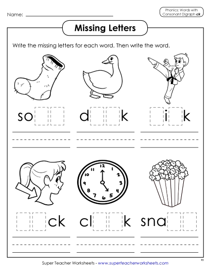 Worksheets - Missing Letters (CK Words) (Printable PDF Worksheet)