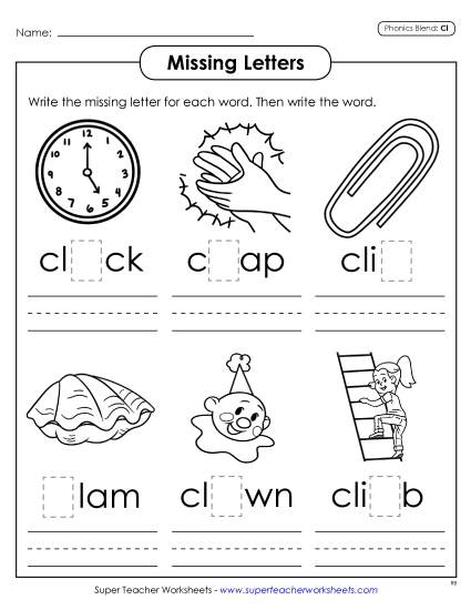Worksheets - Missing Letters (Cl- Words) (Printable PDF Worksheet)
