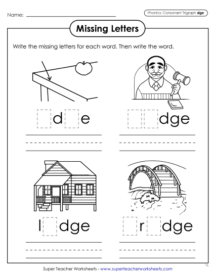 Worksheets - Missing Letters (-dge Words) (Printable PDF Worksheet)