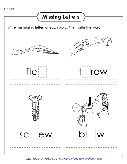 Worksheets - Missing Letters (-ew) (Printable PDF Worksheet)